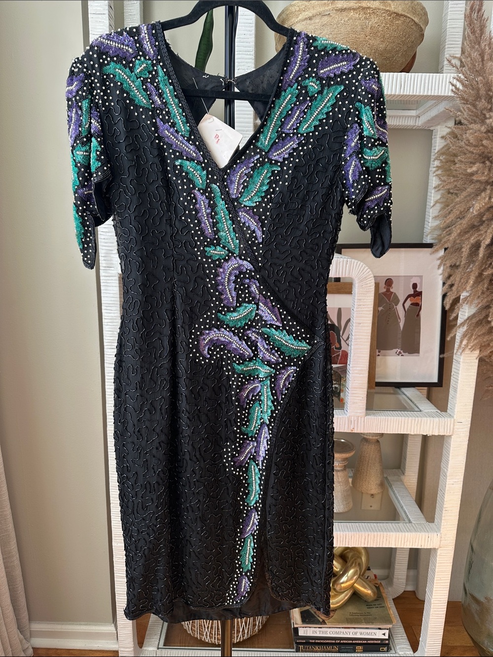 Black Beaded Cocktail Dress with Purple and Teal Embellishments